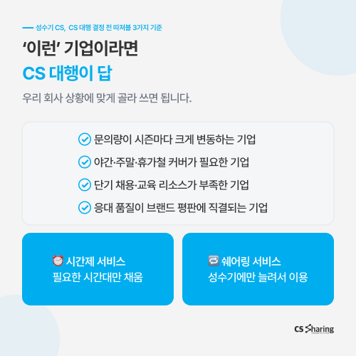 이거 해시태그 빼고 보내줘오전 11:02Claude 응답: CS쉐어링 성수기CS대행 성수기고객센터 여름성수기 CS대행 고객센터대행 콜센터대행 CS아웃소싱 직접운영 인력충원 대행비용 문의폭주 고객응대 시간제서비스 쉐어링서비스 전담서비스 AICX풀서비스 AIStandBy CX전략 컨택센터 콜센터대행 CS업무