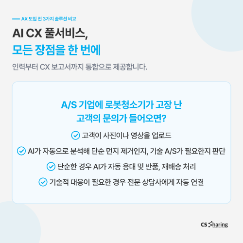 AI 챗봇 정보 제공 AI 에이전트 자동화 AI CX 풀서비스 통합 솔루션 - CS쉐어링